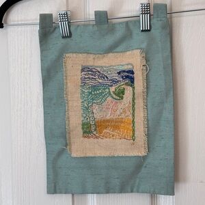Original Embroidered Wall Hanging with Abstract Design Green Yellow Blue